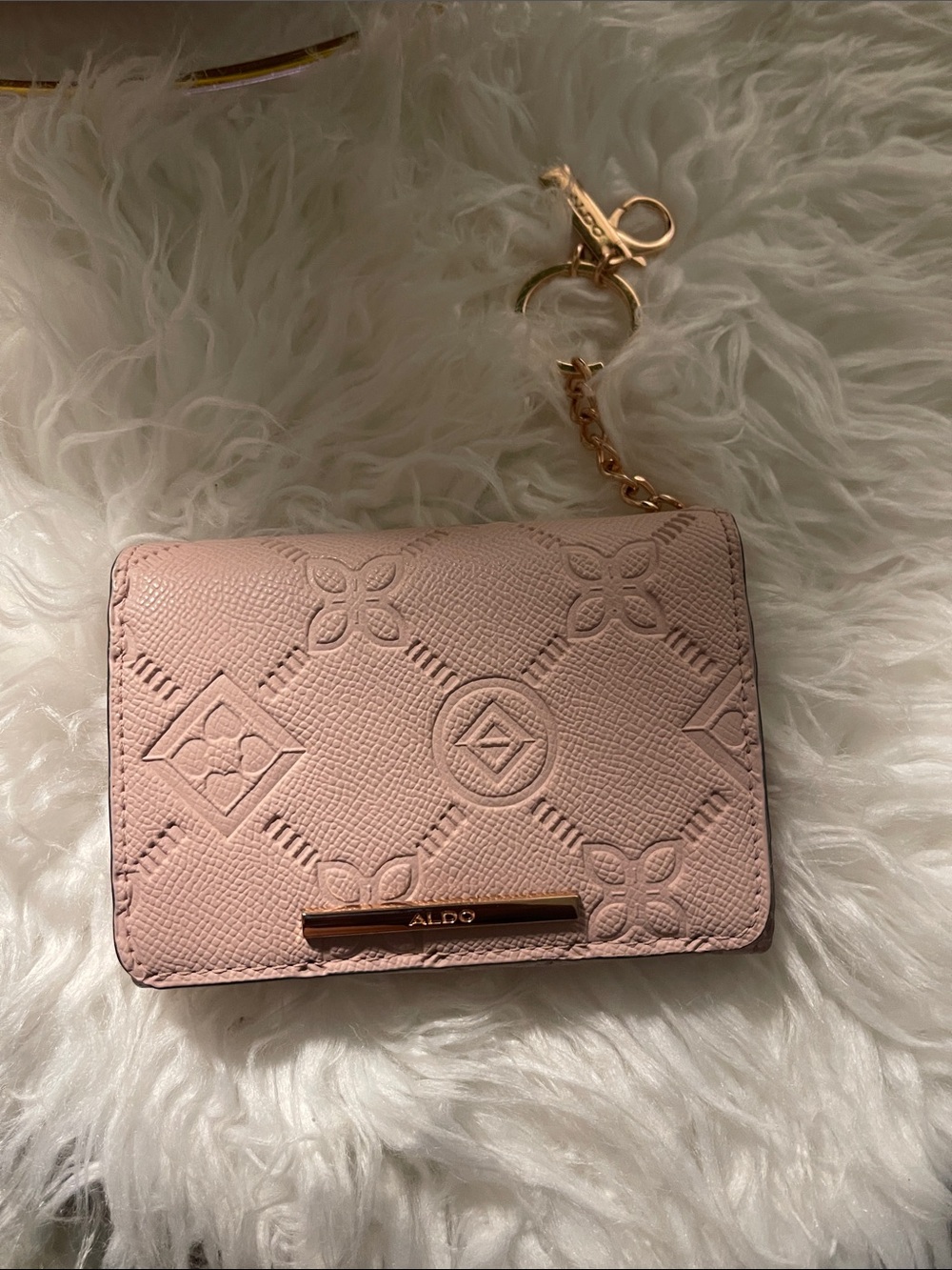 ALDO Pink Embossed Card Holder Keychain with Gold Hardware